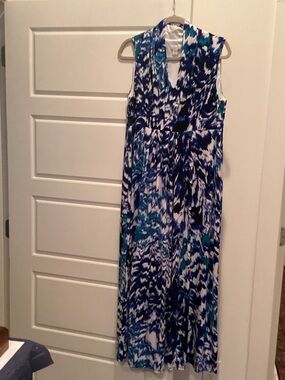 Chico's Sleeveless Navy, Turquoise & White Maxi Dress
